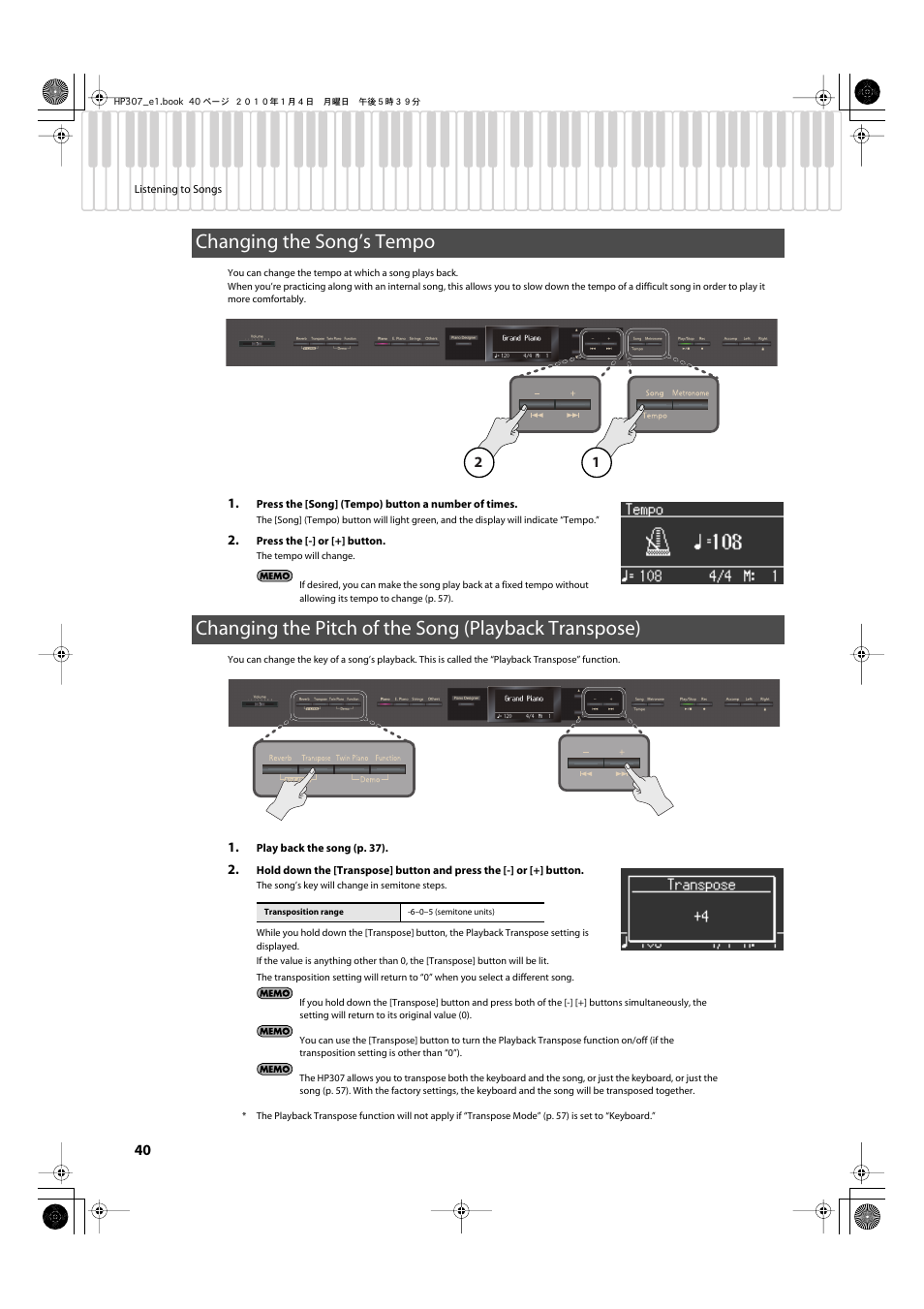 Changing the song’s tempo, Transposing the song playback (p. 40) | Roland HP-307 User Manual | Page 38 / 88