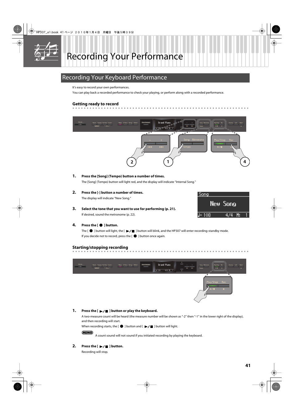 Recording your performance, Recording your keyboard performance, Starts/stops recording of your performance (p. 41) | Hp307 (p. 41) | Roland HP-307 User Manual | Page 39 / 88