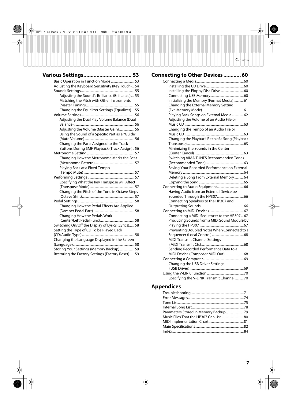 Various settings, Connecting to other devices, Appendices | Roland HP-307 User Manual | Page 5 / 88