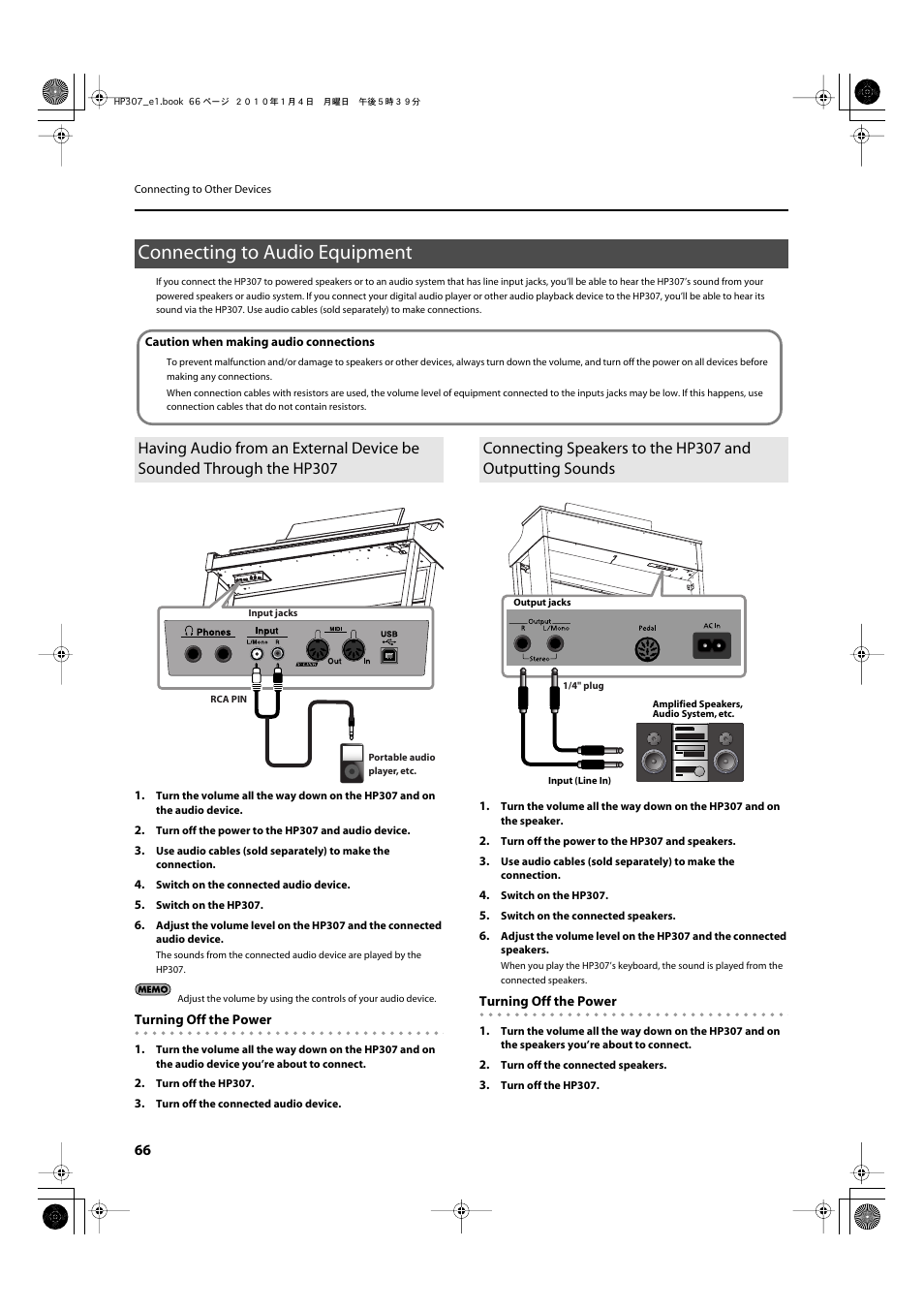 Connecting to audio equipment, Sound (p. 66), P. 66) | Roland HP-307 User Manual | Page 64 / 88