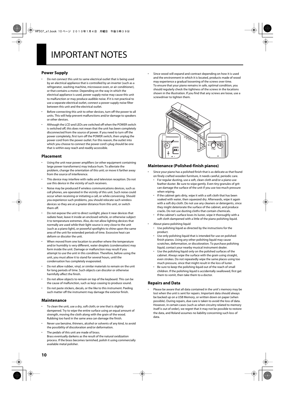 Important notes | Roland HP-307 User Manual | Page 8 / 88