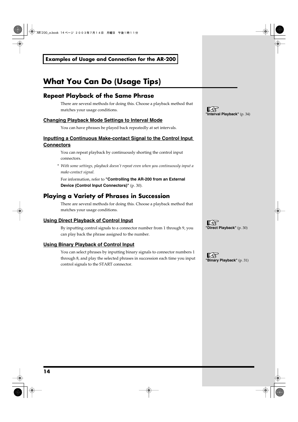 What you can do (usage tips), Repeat playback of the same phrase, Playing a variety of phrases in succession | Roland AR-200 User Manual | Page 14 / 72