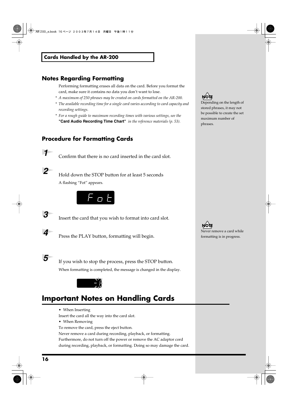 Important notes on handling cards | Roland AR-200 User Manual | Page 16 / 72