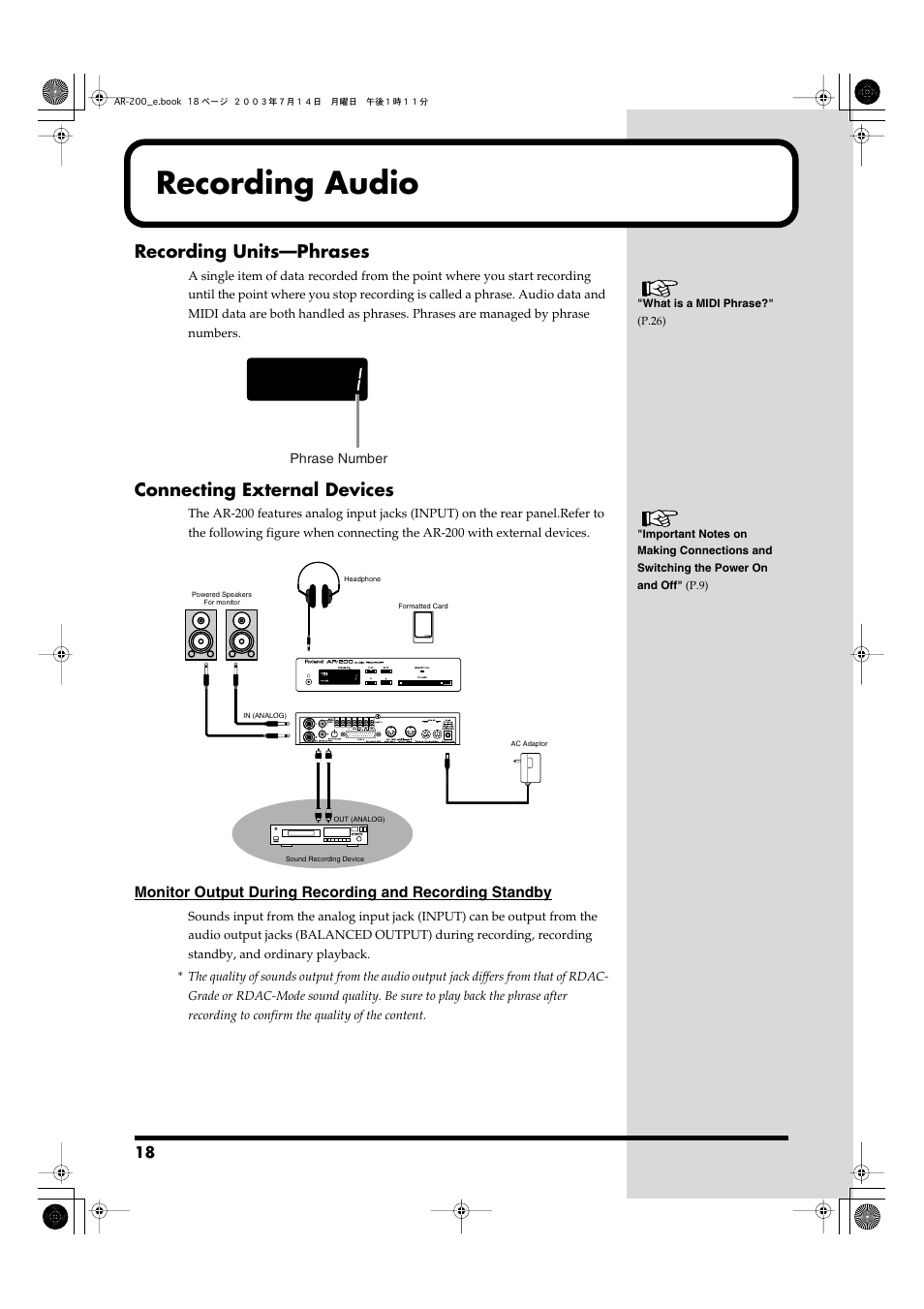 Recording audio, Recording units—phrases, Connecting external devices | Roland AR-200 User Manual | Page 18 / 72