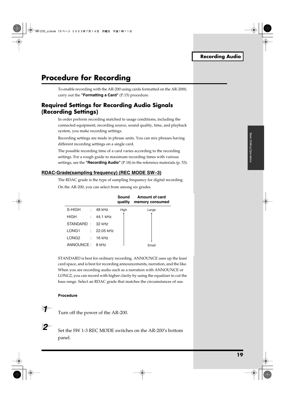 Procedure for recording | Roland AR-200 User Manual | Page 19 / 72