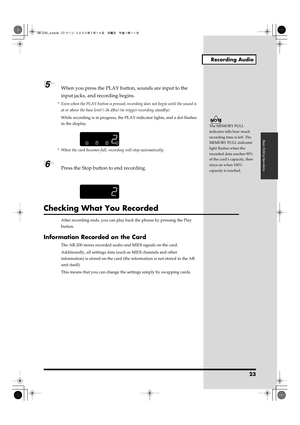 Checking what you recorded, Information recorded on the card | Roland AR-200 User Manual | Page 23 / 72