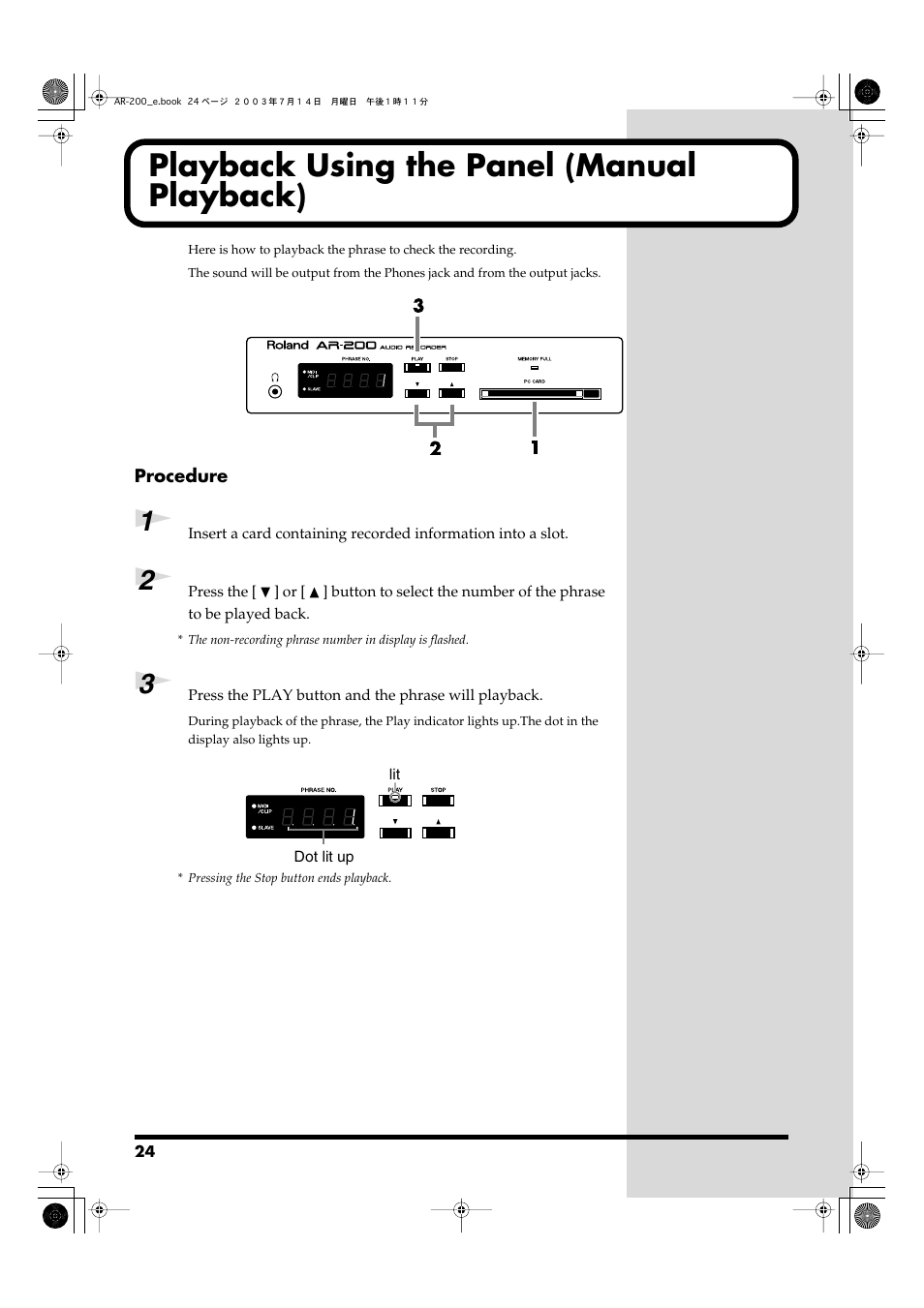 Playback using the panel (manual playback) | Roland AR-200 User Manual | Page 24 / 72