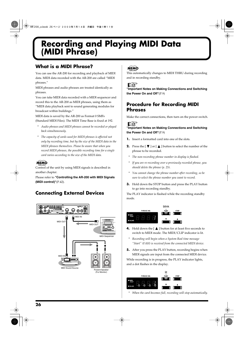 Recording and playing midi data (midi phrase), What is a midi phrase, Connecting external devices | Procedure for recording midi phrases, P.26) | Roland AR-200 User Manual | Page 26 / 72