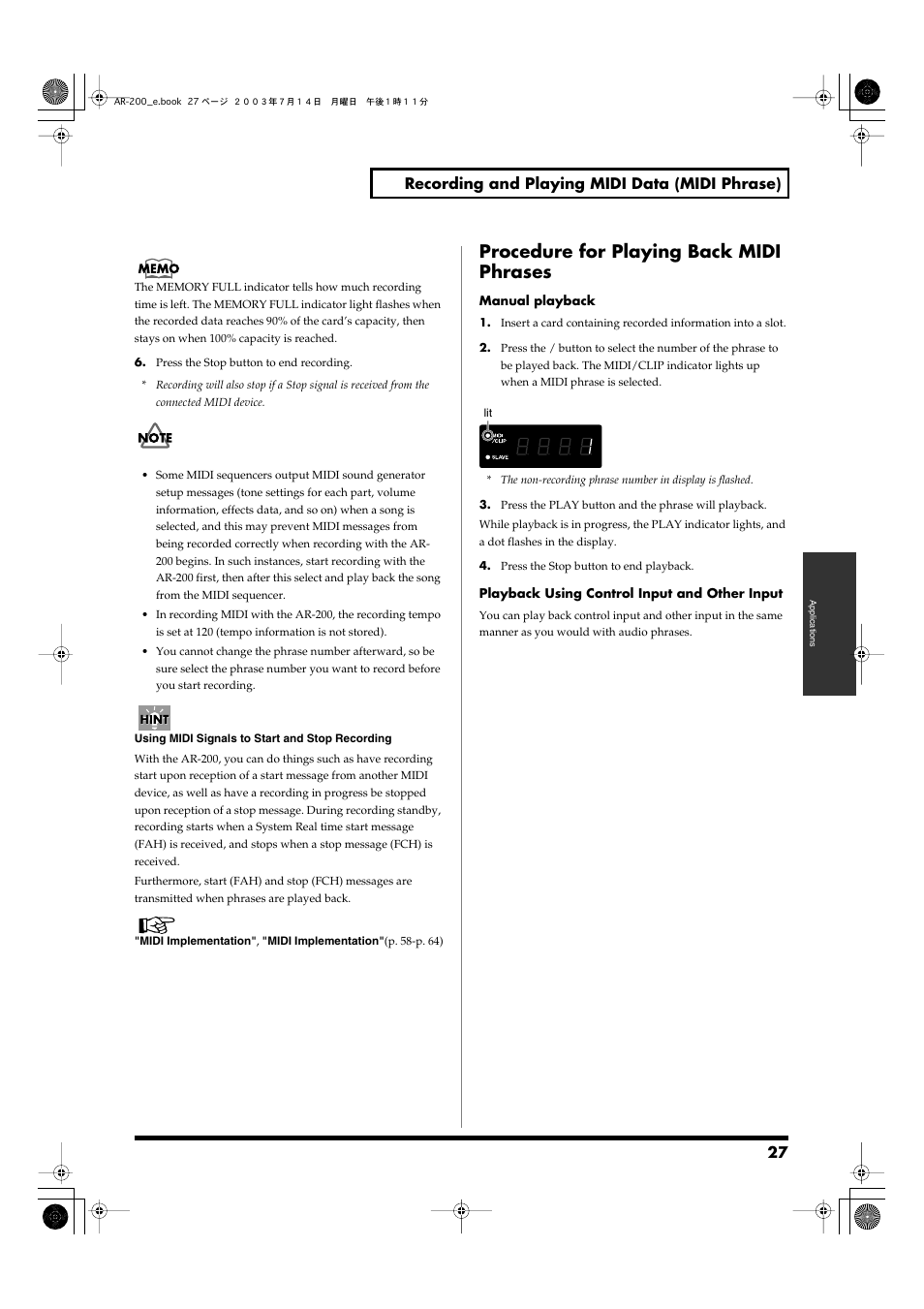 Procedure for playing back midi phrases, 27 recording and playing midi data (midi phrase) | Roland AR-200 User Manual | Page 27 / 72