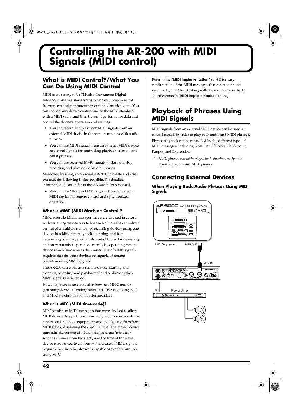 Playback of phrases using midi signals, Connecting external devices, Controlling the ar-200 | With midi signals (midi, Control), P. 42), Please refer to, Controlling the ar-200 with midi signals, Midi control), P.42) | Roland AR-200 User Manual | Page 42 / 72