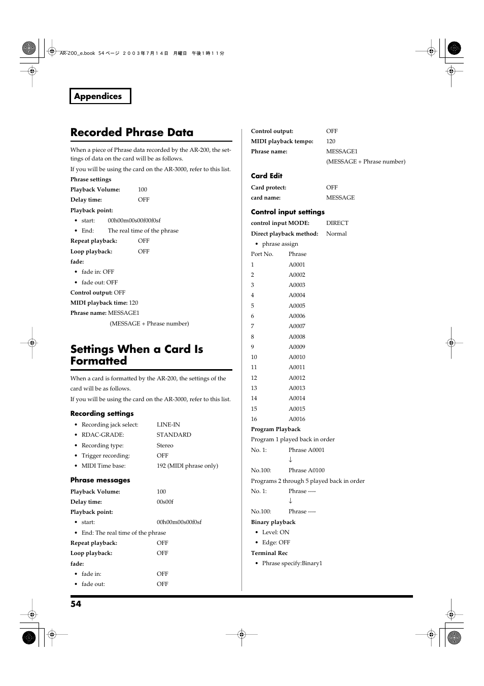 Recorded phrase data, Settings when a card is formatted, 54 appendices | Roland AR-200 User Manual | Page 54 / 72