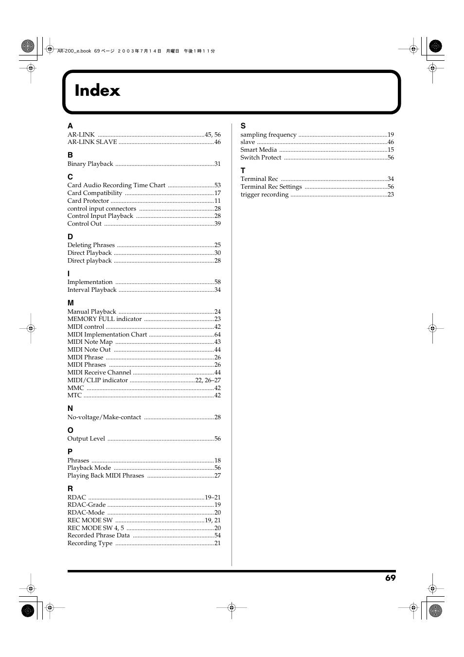 Index | Roland AR-200 User Manual | Page 69 / 72