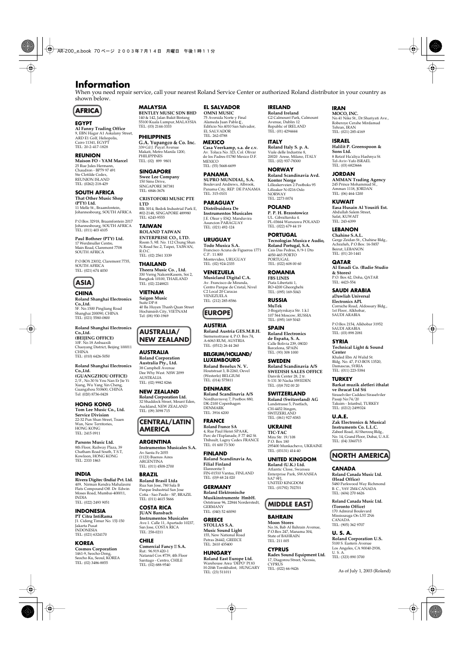 Information, Africa | Roland AR-200 User Manual | Page 70 / 72