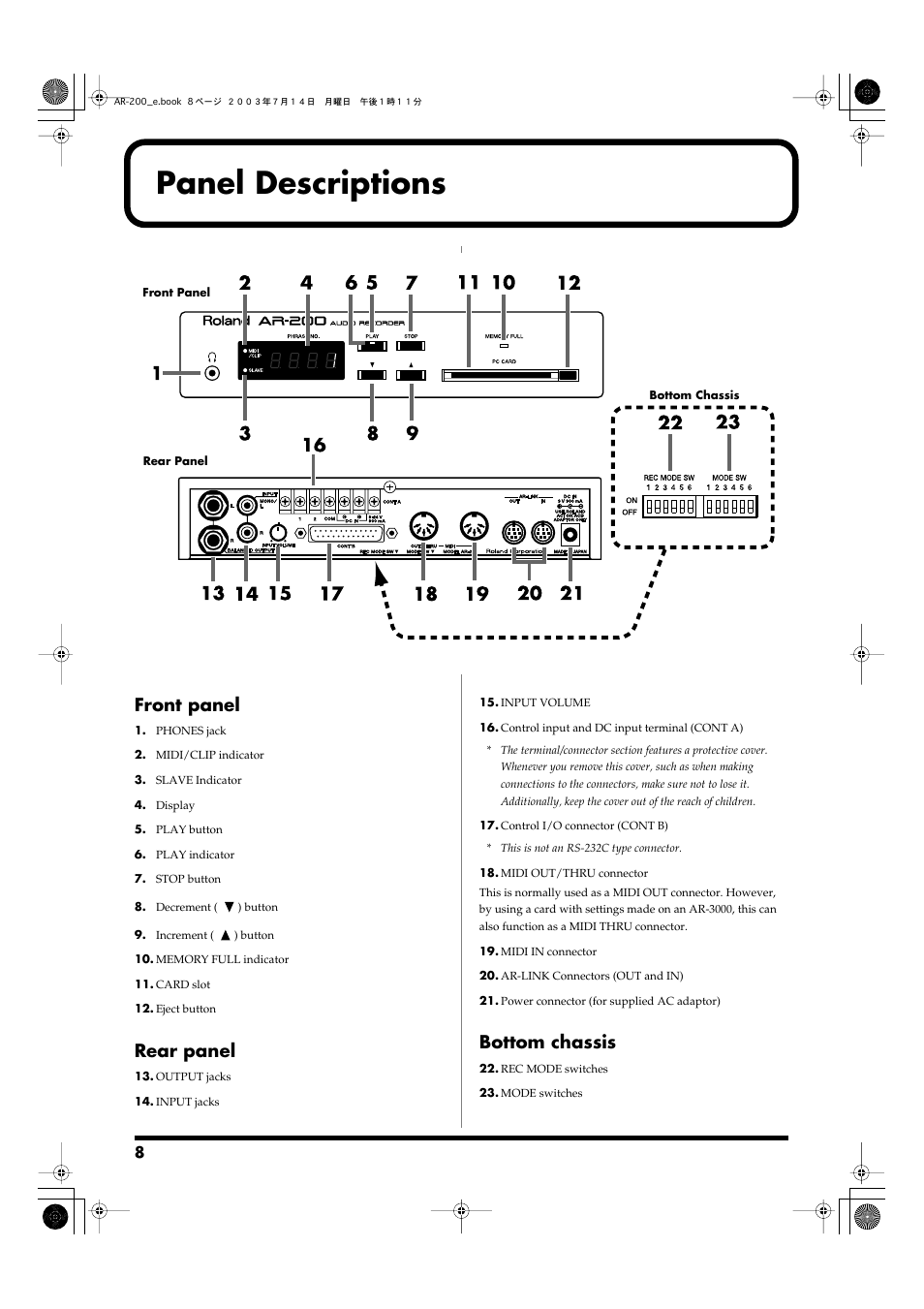 Panel descriptions, Front panel, Rear panel | Bottom chassis | Roland AR-200 User Manual | Page 8 / 72
