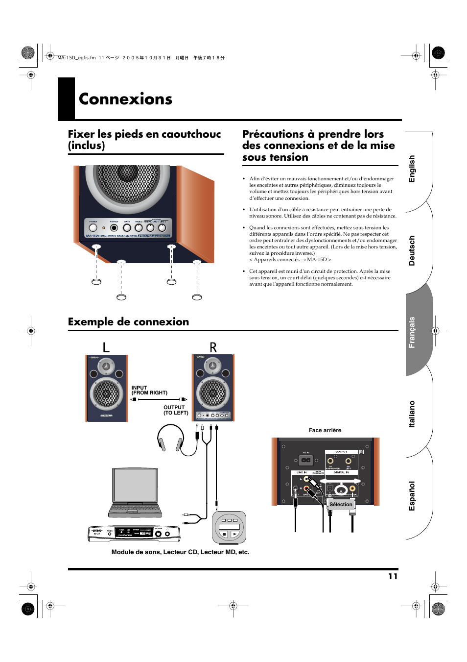 Connexions, Fixer les pieds en caoutchouc (inclus), Exemple de connexion | Roland MA-15D User Manual | Page 11 / 20