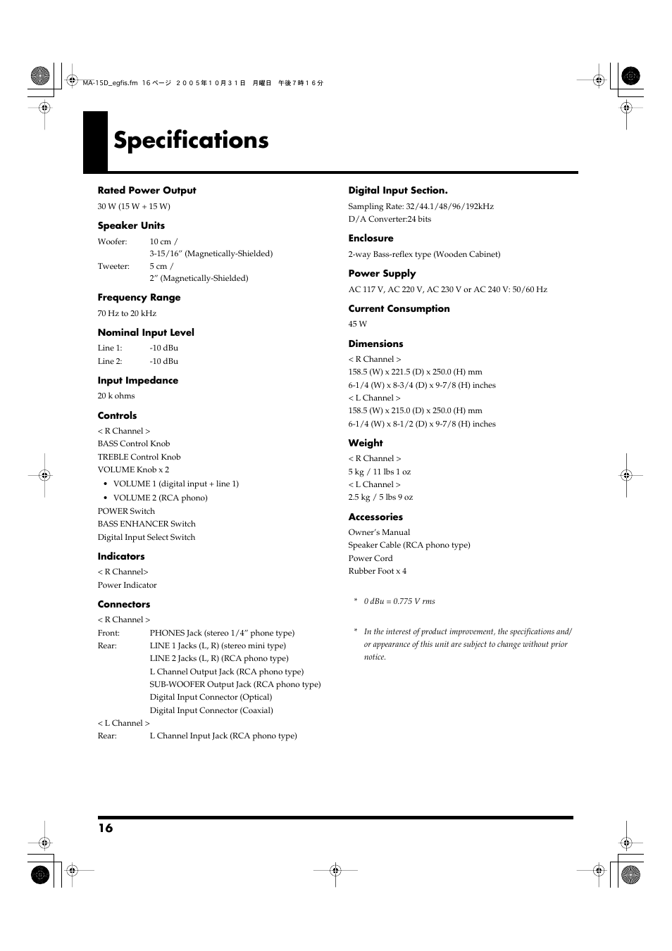 Specifications | Roland MA-15D User Manual | Page 16 / 20