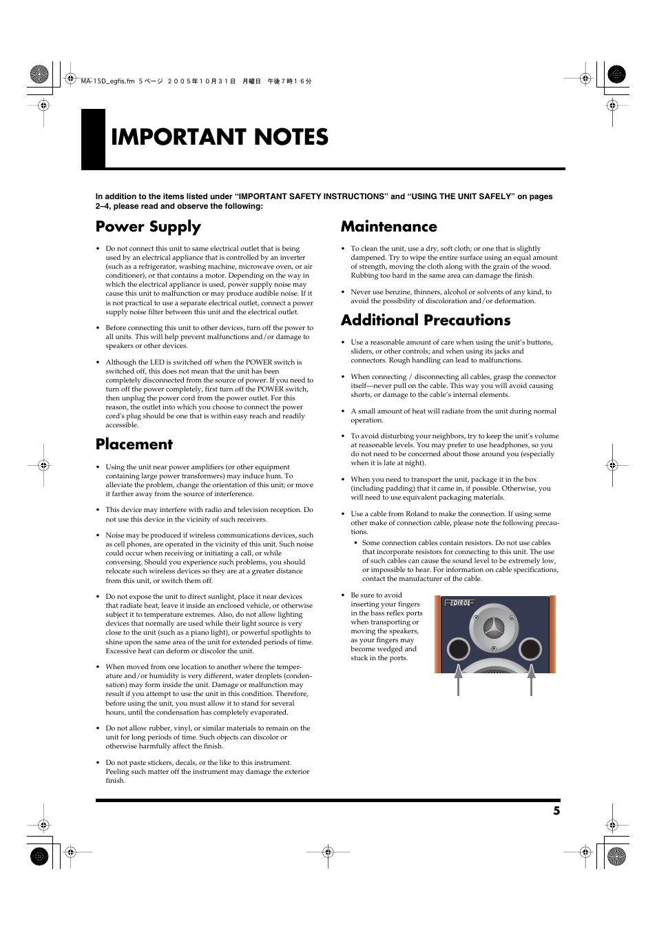 Important notes, Power supply, Placement | Maintenance, Additional precautions | Roland MA-15D User Manual | Page 5 / 20