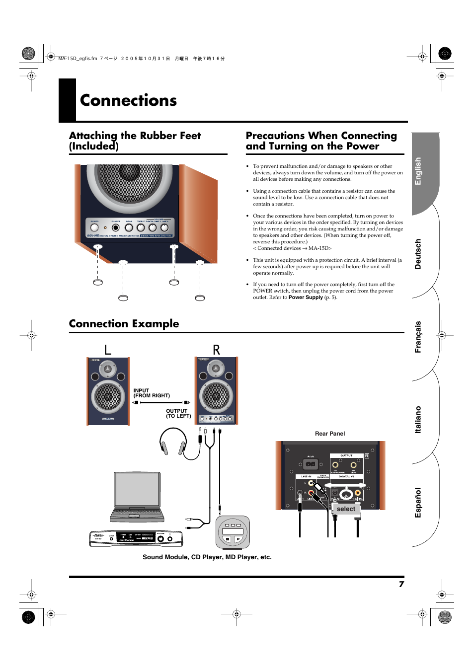 Connections, Attaching the rubber feet (included), Connection example | Roland MA-15D User Manual | Page 7 / 20