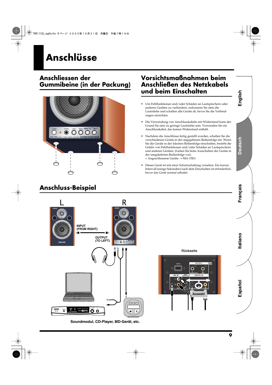 Anschlüsse, Anschliessen der gummibeine (in der packung), Anschluss-beispiel | Roland MA-15D User Manual | Page 9 / 20