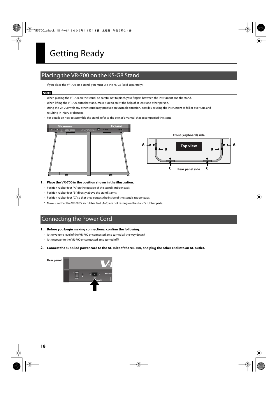 Getting ready, Placing the vr700 on the ks-g8 stand, Connecting the power cord | Connect the included power cord here (p. 18) | Roland VR-700 User Manual | Page 16 / 84