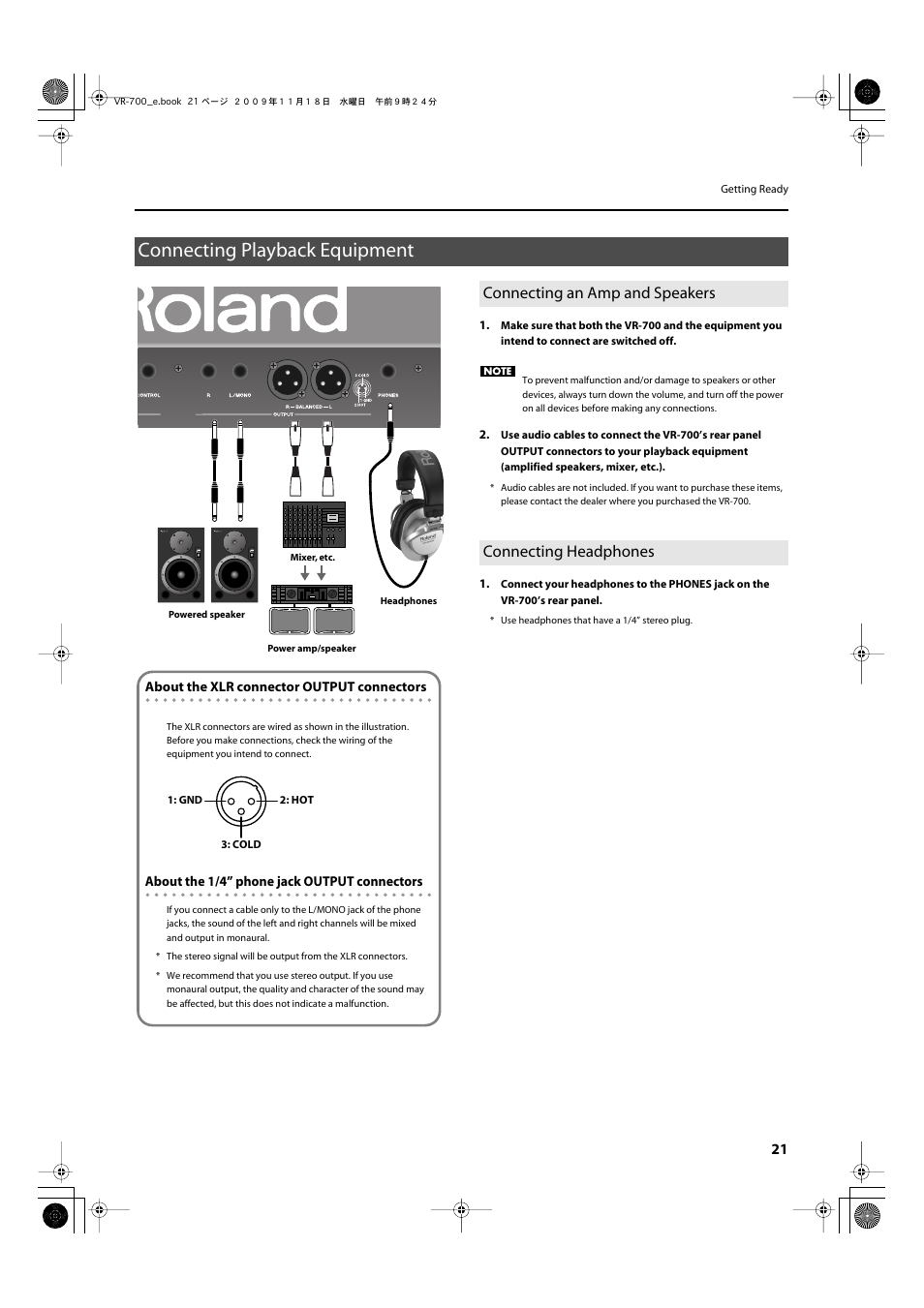 Connecting playback equipment, Connecting an amp and speakers, Connecting headphones | Connect headphones here (p. 21) | Roland VR-700 User Manual | Page 19 / 84