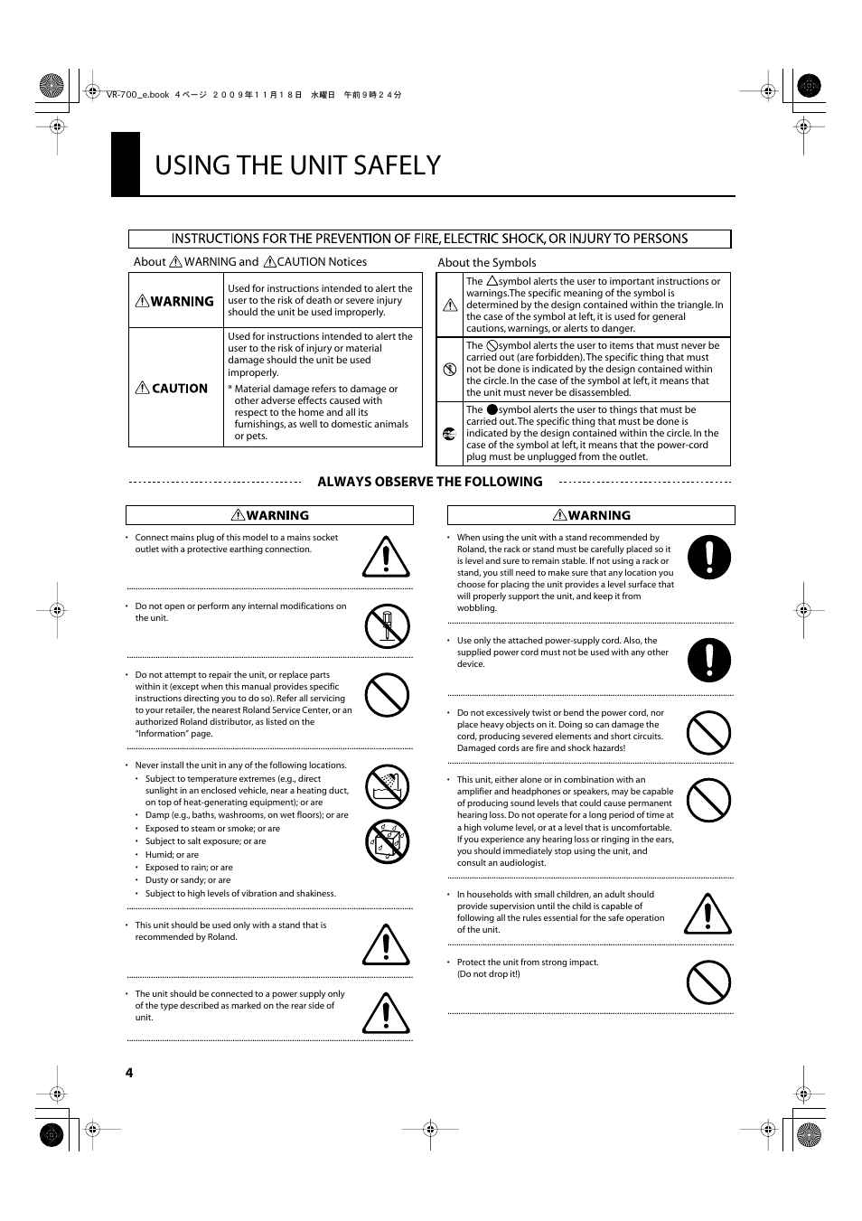 Using the unit safely, Always observe the following | Roland VR-700 User Manual | Page 2 / 84