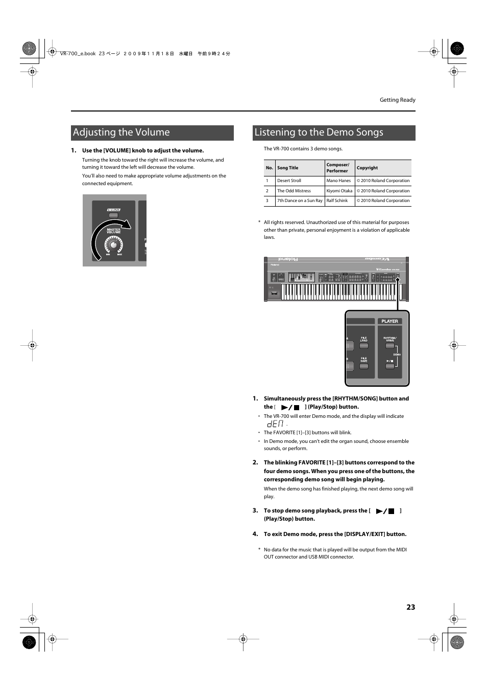 Adjusting the volume, Listening to the demo songs, Adjusting the volume listening to the demo songs | Roland VR-700 User Manual | Page 21 / 84