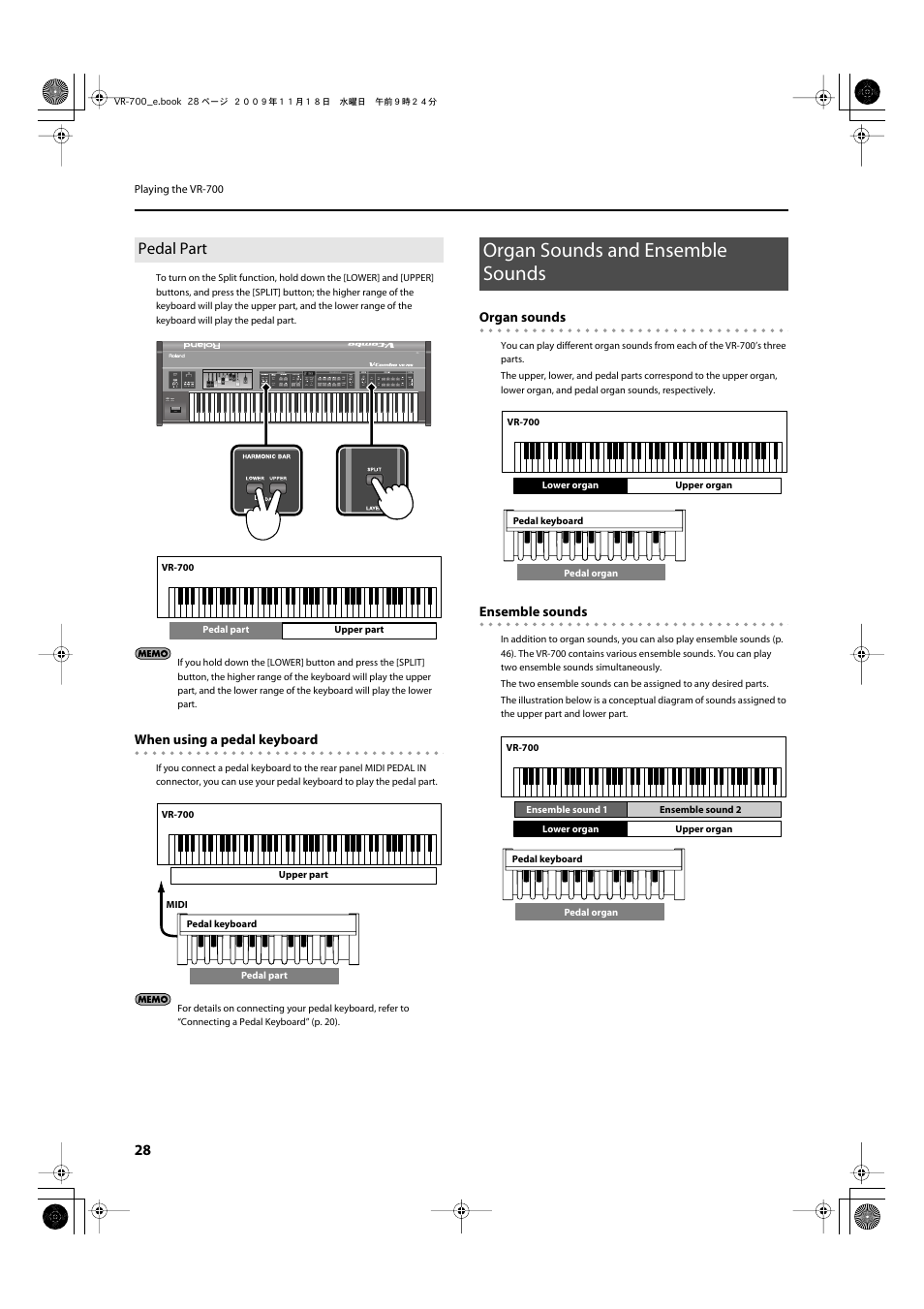 Pedal part, Organ sounds and ensemble sounds, When using a pedal keyboard | Organ sounds, Ensemble sounds | Roland VR-700 User Manual | Page 26 / 84