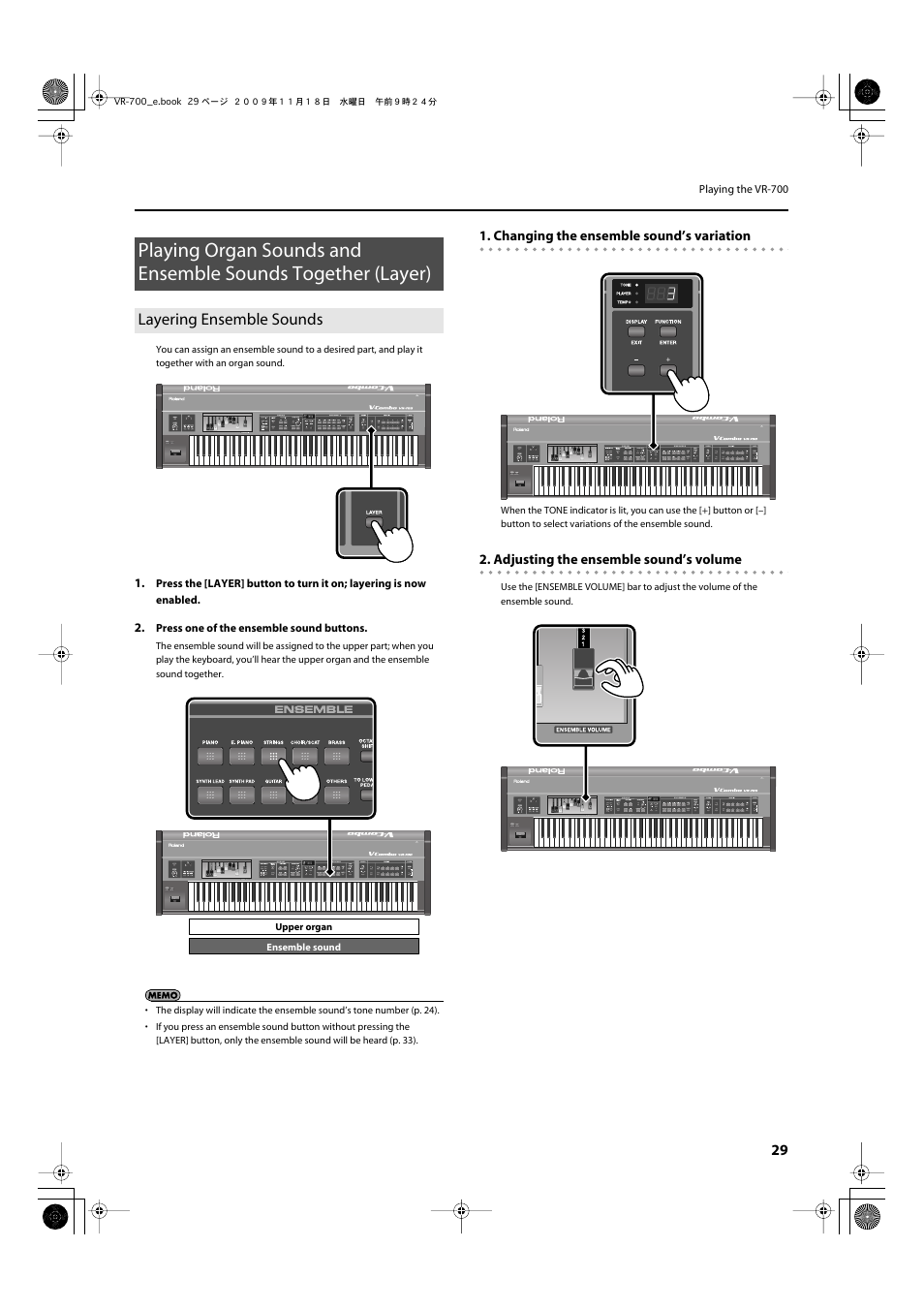 Layering ensemble sounds, Lower part or pedal part (p. 29), Sound and the organ sound together (p. 29) | Roland VR-700 User Manual | Page 27 / 84