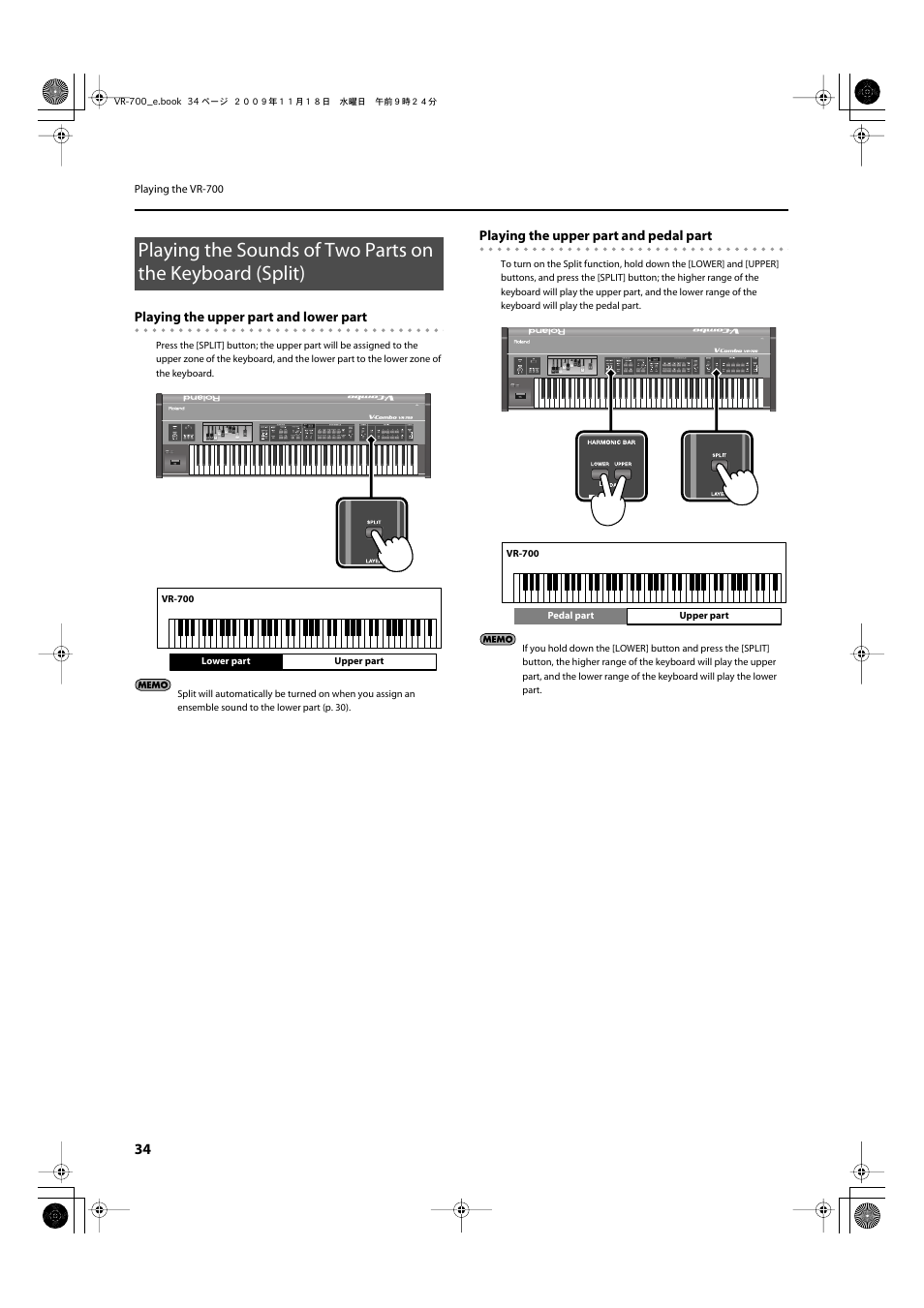 P. 34), Of two parts on the keyboard (split)” (p. 34) | Roland VR-700 User Manual | Page 32 / 84