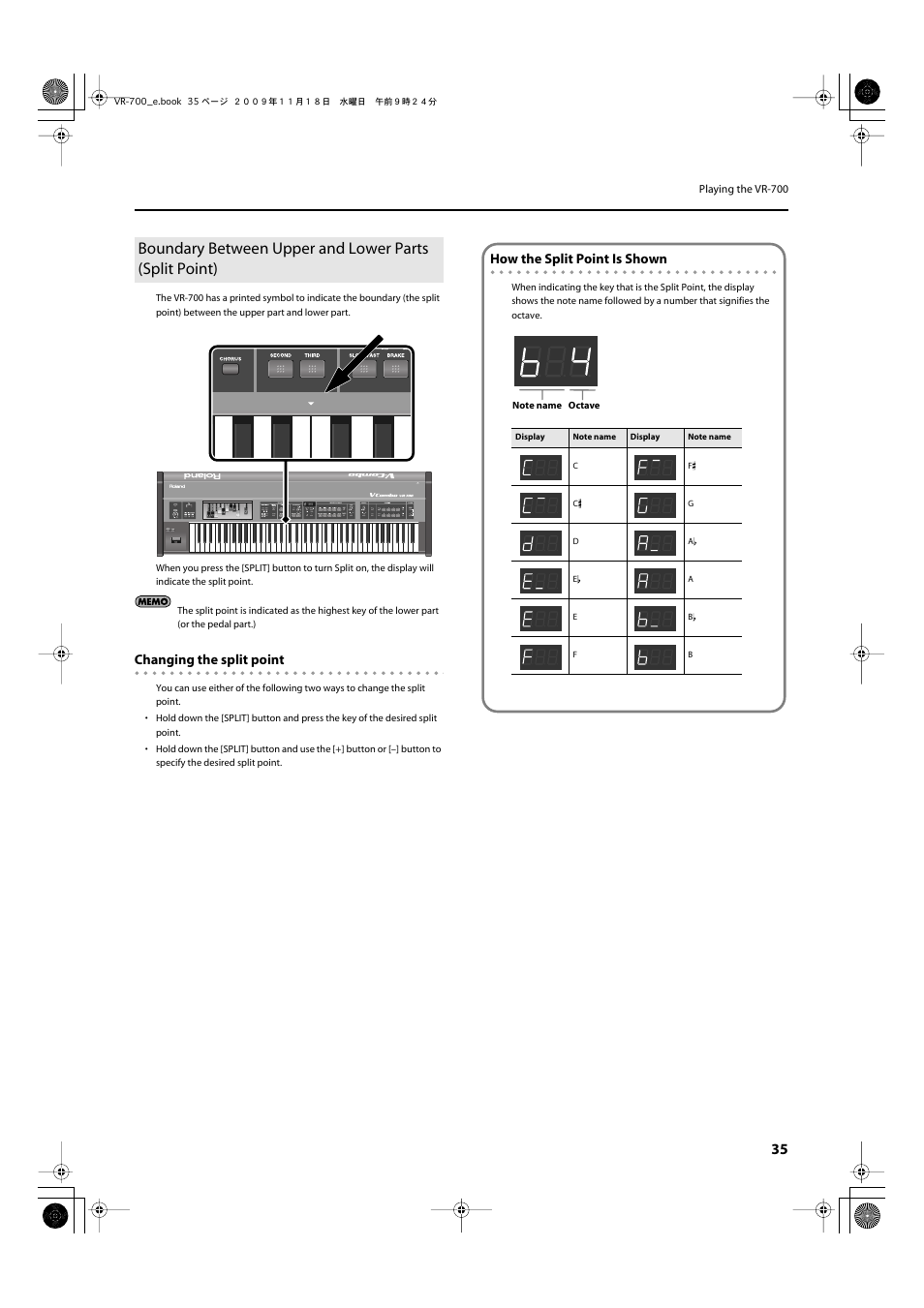 Changing the split point, How the split point is shown | Roland VR-700 User Manual | Page 33 / 84