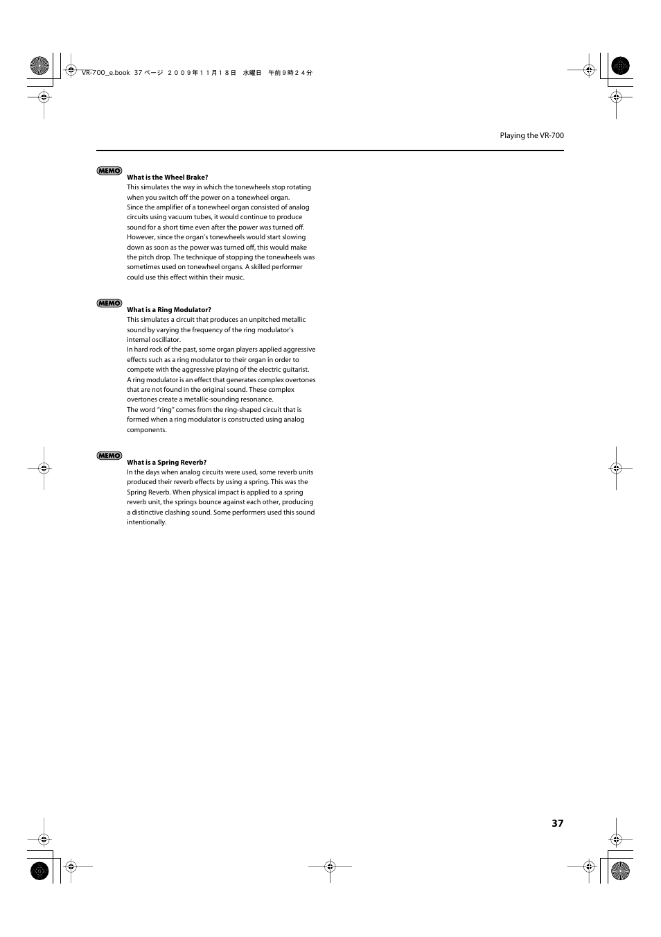The wheel brake (p. 37) will be applied as you, The ring modulator (p. 37) will be applied, A spring reverb shock sound (p. 37) will be | Roland VR-700 User Manual | Page 35 / 84