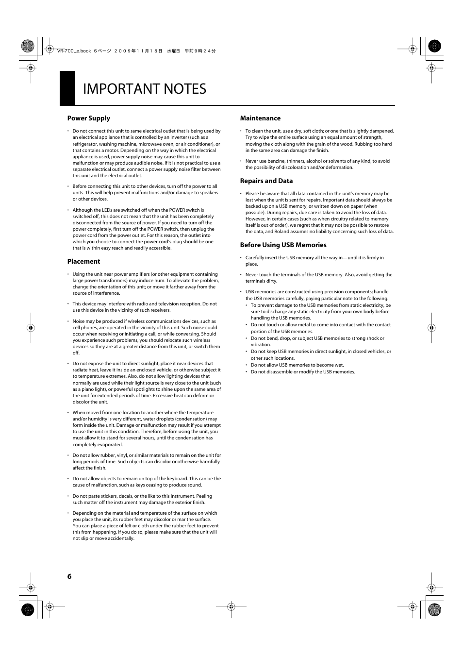 Important notes | Roland VR-700 User Manual | Page 4 / 84