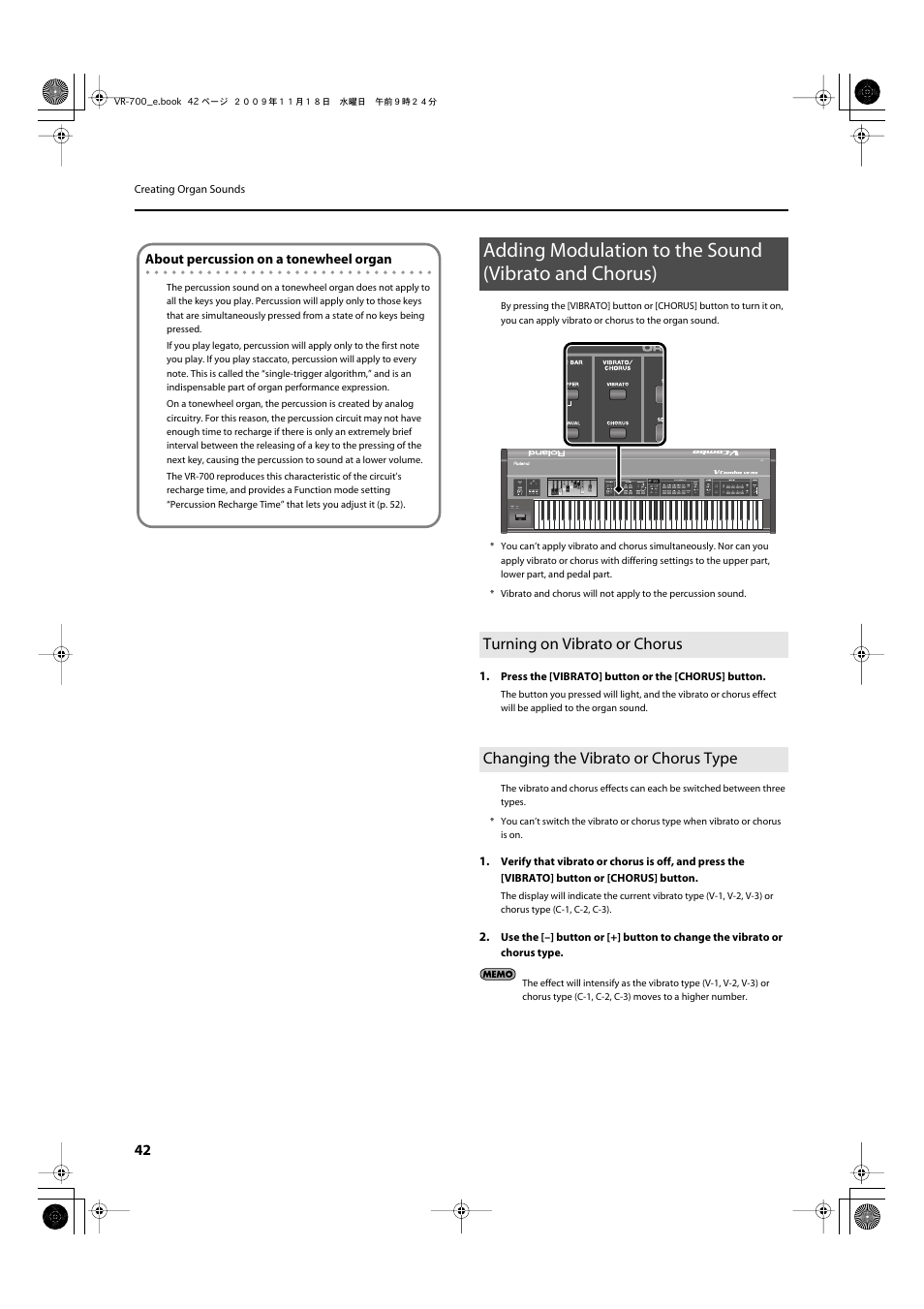 Turning on vibrato or chorus, Changing the vibrato or chorus type, Organ sound (p. 42) | Roland VR-700 User Manual | Page 40 / 84