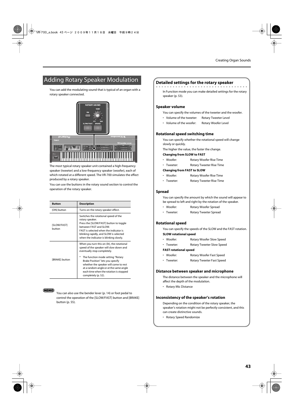 Adding rotary speaker modulation, Will control the organ sound (p. 43), A rotating speaker) (p. 43) | Detailed settings for the rotary speaker | Roland VR-700 User Manual | Page 41 / 84