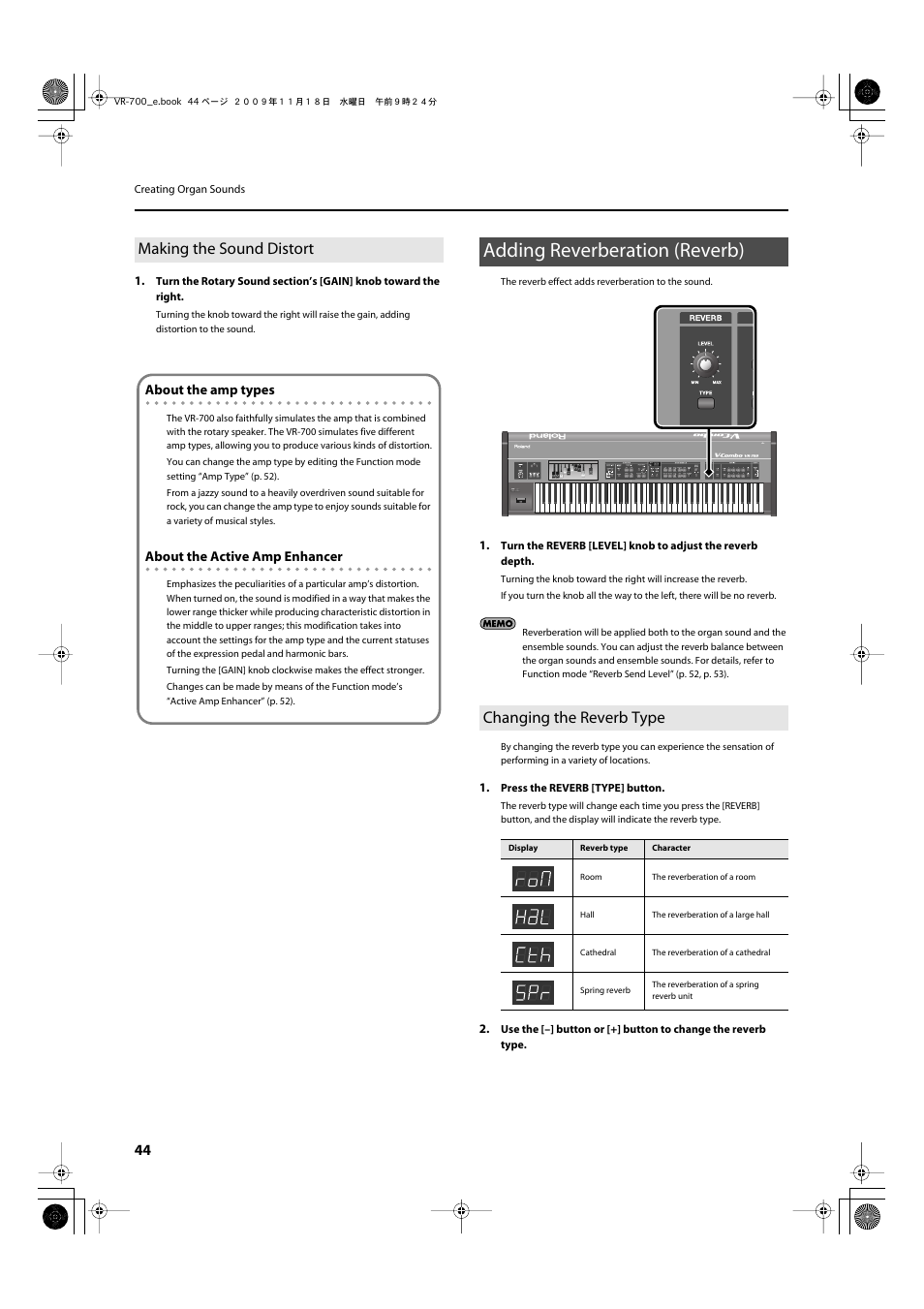 Making the sound distort, Adding reverberation (reverb), Changing the reverb type | Adjusts the depth of the reverb effect (p. 44), Selects the type of reverb effect (p. 44), You choose “spring” as the reverb type (p. 44) | Roland VR-700 User Manual | Page 42 / 84