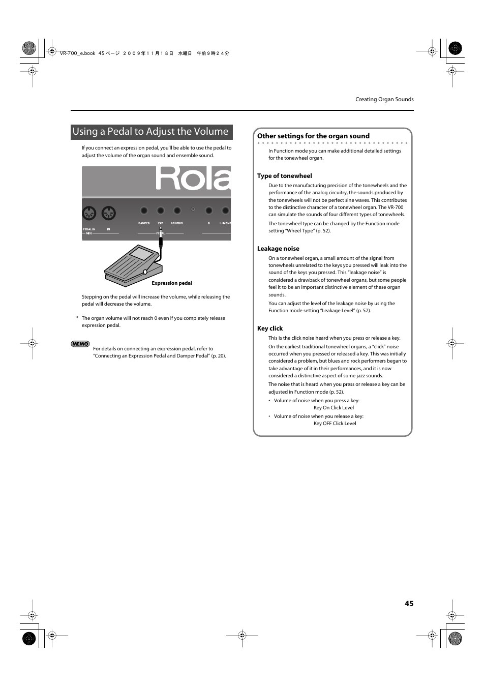 Using a pedal to adjust the volume | Roland VR-700 User Manual | Page 43 / 84