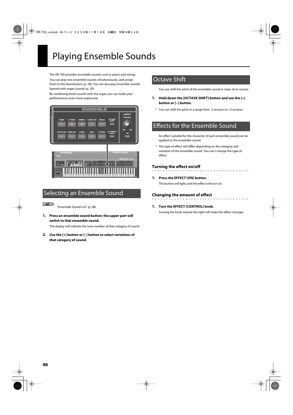 Playing ensemble sounds, Selecting an ensemble sound, Octave shift | Effects for the ensemble sound, Sounds (p. 46), At a higher or lower octave (p. 46), Ensemble sound (p. 46), Registered (p. 46) | Roland VR-700 User Manual | Page 44 / 84