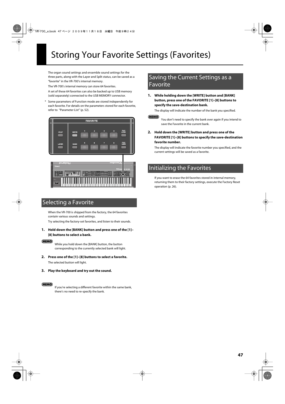 Storing your favorite settings (favorites), Selecting a favorite, Saving the current settings as a favorite | Initializing the favorites | Roland VR-700 User Manual | Page 45 / 84