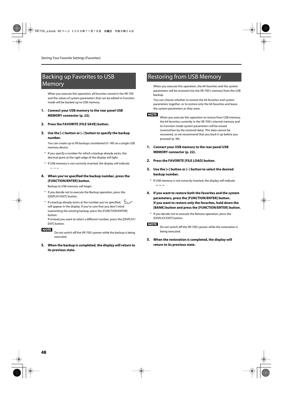 Backing up favorites to usb memory, Restoring from usb memory, Memory connector (p. 48) | Roland VR-700 User Manual | Page 46 / 84
