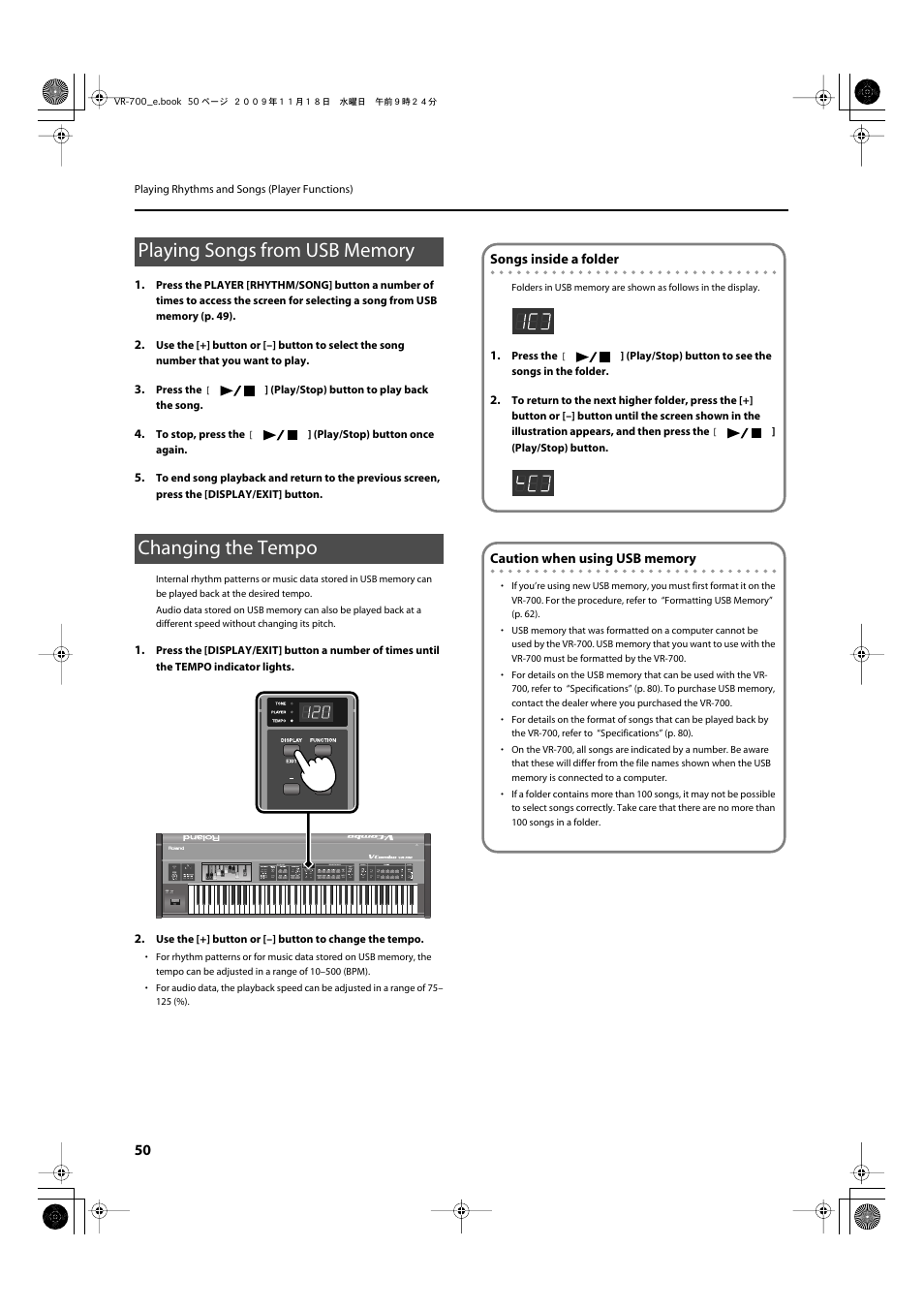 Playing songs from usb memory, Changing the tempo, Playing songs from usb memory changing the tempo | Roland VR-700 User Manual | Page 48 / 84