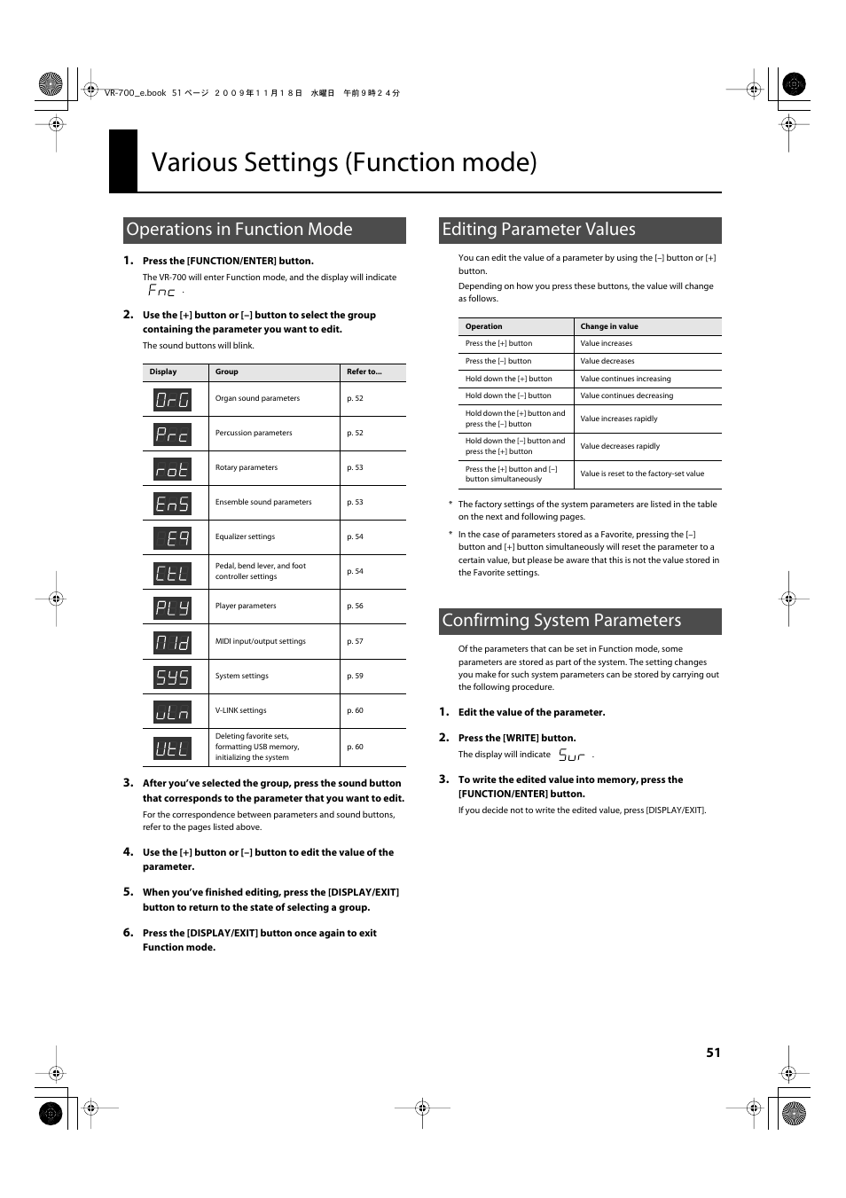Various settings (function mode), Operations in function mode, Editing parameter values | Confirming system parameters | Roland VR-700 User Manual | Page 49 / 84