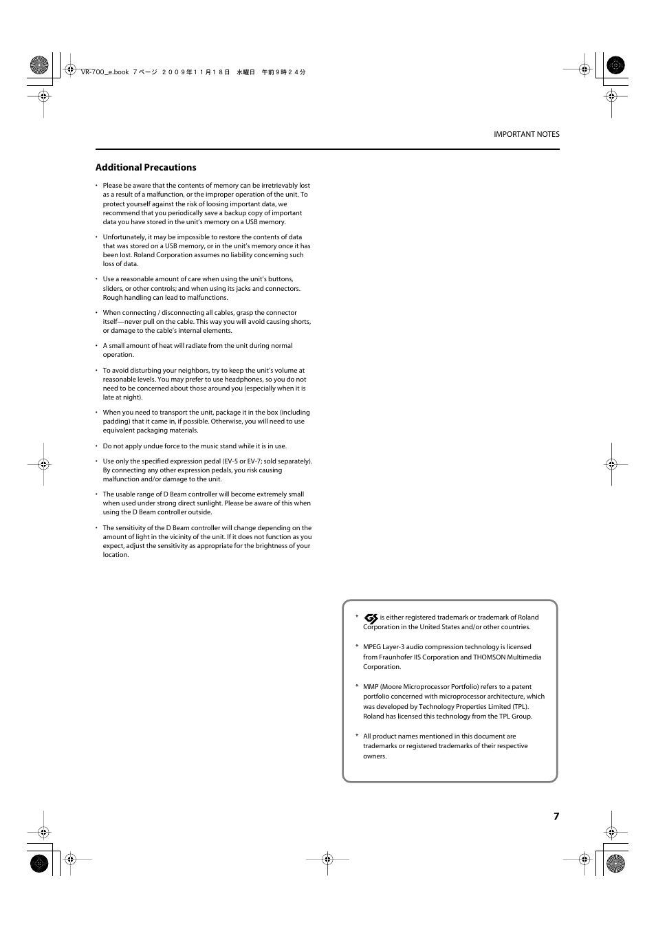 Additional precautions | Roland VR-700 User Manual | Page 5 / 84