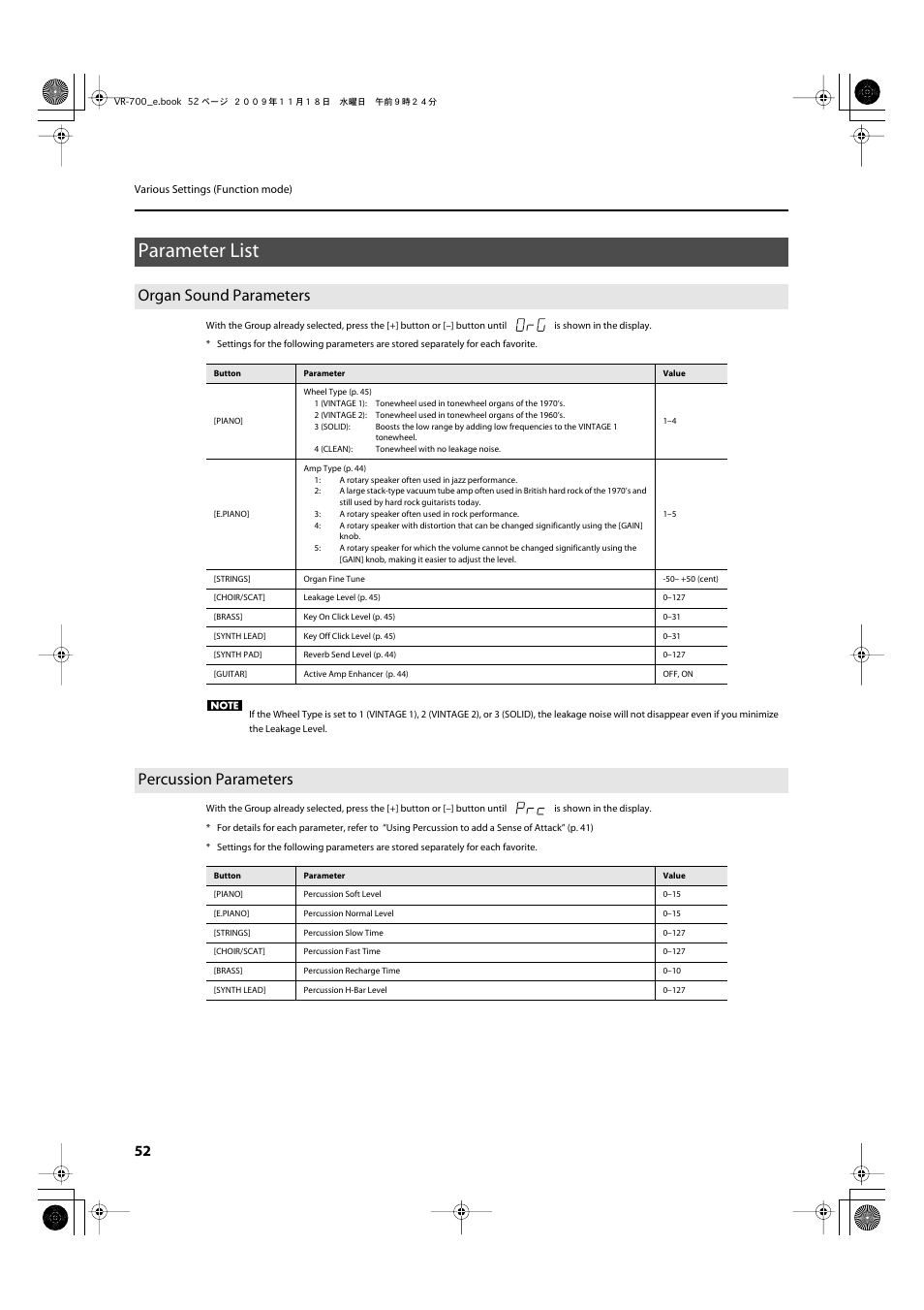 Parameter list, Organ sound parameters, Percussion parameters | Organ sound parameters percussion parameters, Turned off (p. 52), Setting “percussion slow time” (p. 52), Setting “percussion fast time” (p. 52), Completely (p. 52), Setting “wheel type” (p. 52), Function mode setting “leakage level” (p. 52) | Roland VR-700 User Manual | Page 50 / 84