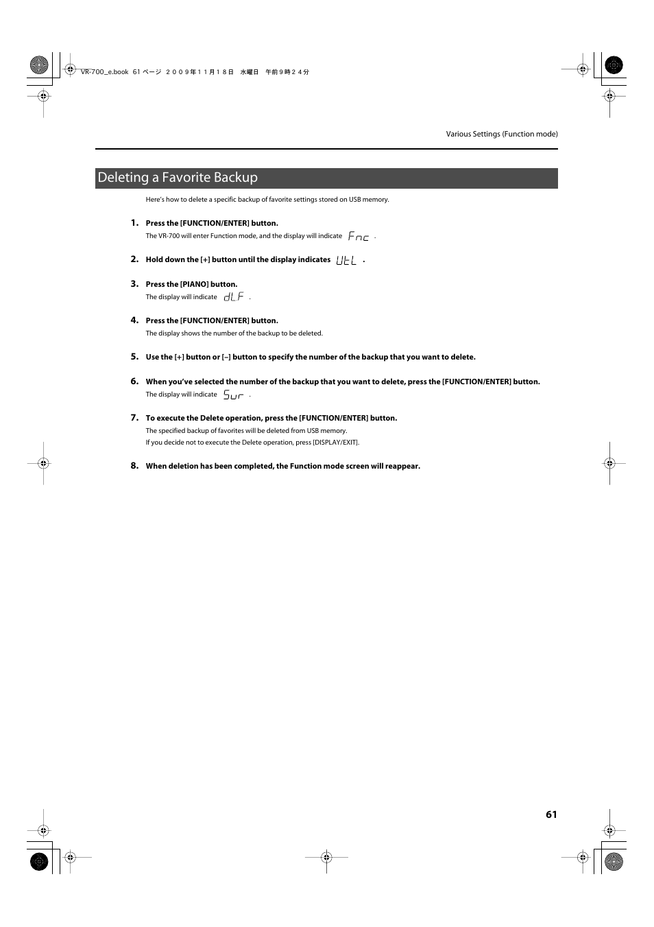 Deleting a favorite backup, P. 61 | Roland VR-700 User Manual | Page 59 / 84