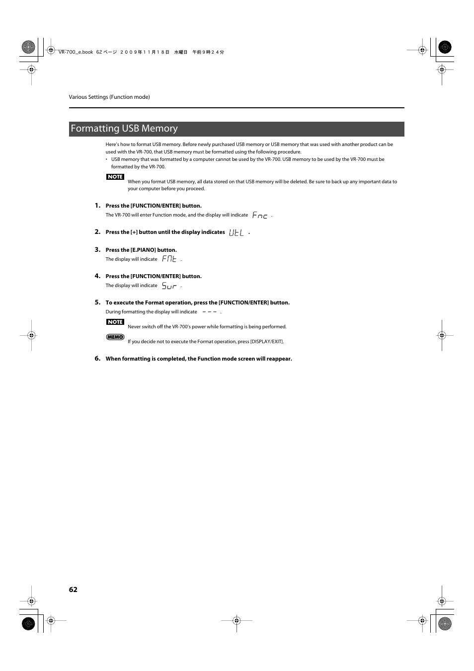 Formatting usb memory, P. 62), P. 62 | Roland VR-700 User Manual | Page 60 / 84