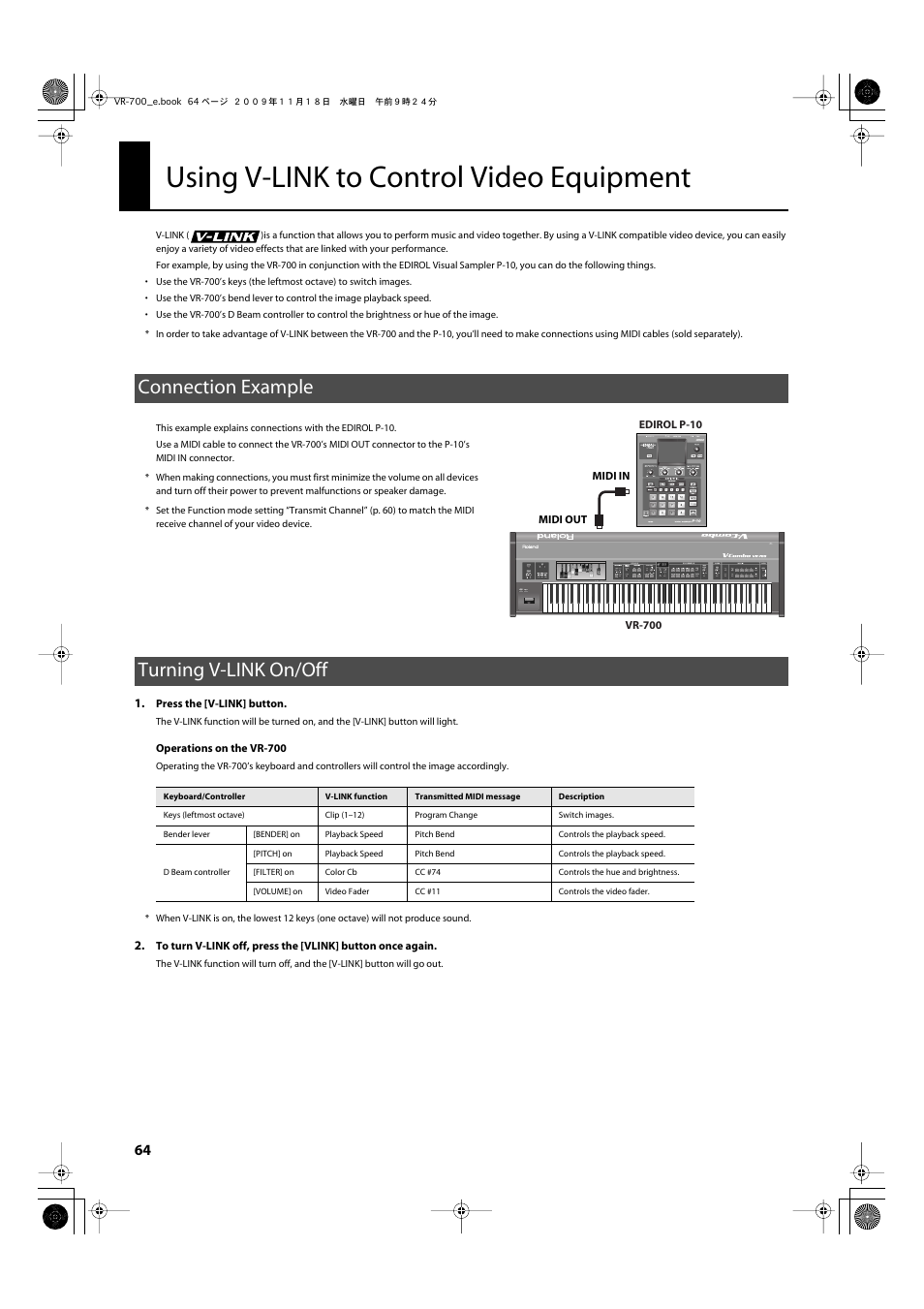 Using v-link to control video equipment, Connection example, Turning v-link on/off | Connection example turning v-link on/off, This button turns v-link on/off (p. 64), Control the video device (p. 64) | Roland VR-700 User Manual | Page 62 / 84