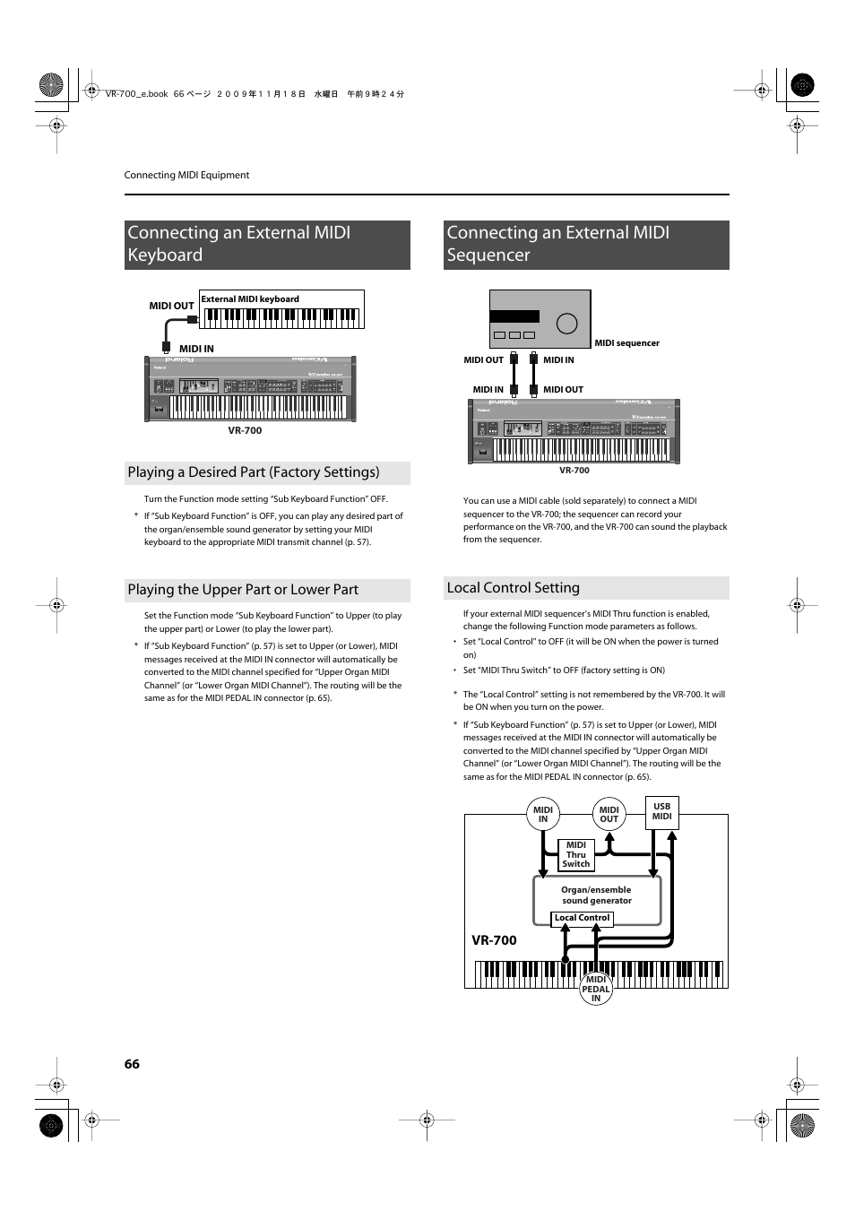 Connecting an external midi keyboard, Playing a desired part (factory settings), Playing the upper part or lower part | Connecting an external midi sequencer, Local control setting, Connecting an external midi keyboard” (p. 66), Midi in connector (p. 66), Transmitted from the midi out connector (p. 66), Vr-700 | Roland VR-700 User Manual | Page 64 / 84