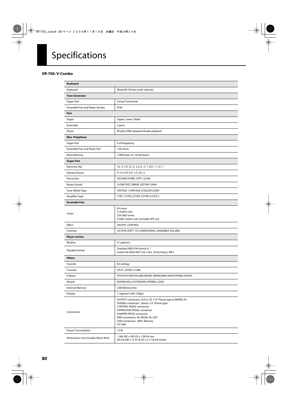 Specifications, The vr-700, refer to “specifications” (p. 80) | Roland VR-700 User Manual | Page 78 / 84