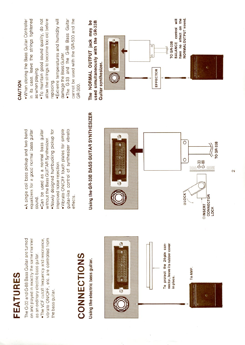 Features, Connections | Roland Bass (for synthesizer) G-33 User Manual | Page 2 / 6